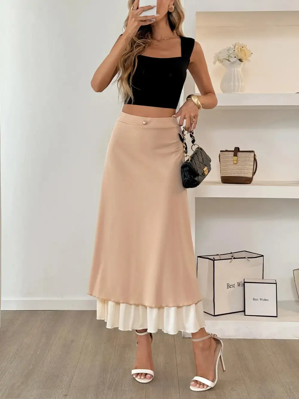 Layered Contrast Midi Skirt