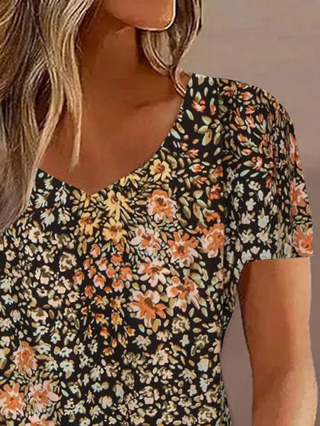 V Neck Short Sleeve Floral Regular Loose Shirt For Women 2023