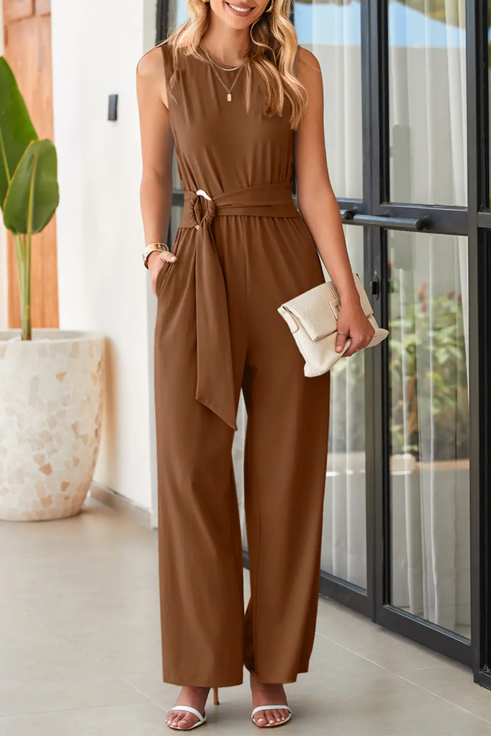Buckle Sash Detail Sleeveless Loose Jumpsuit