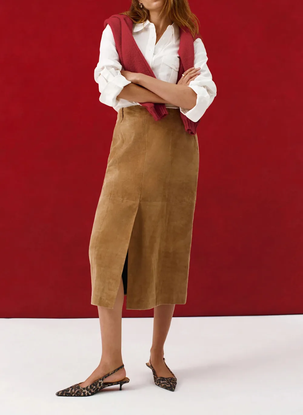 Casual Style Neutral Suede Midi Skirt
