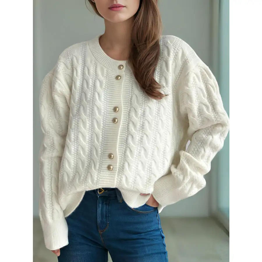 Cable Knit Round Neck Long Sleeve Cardigan