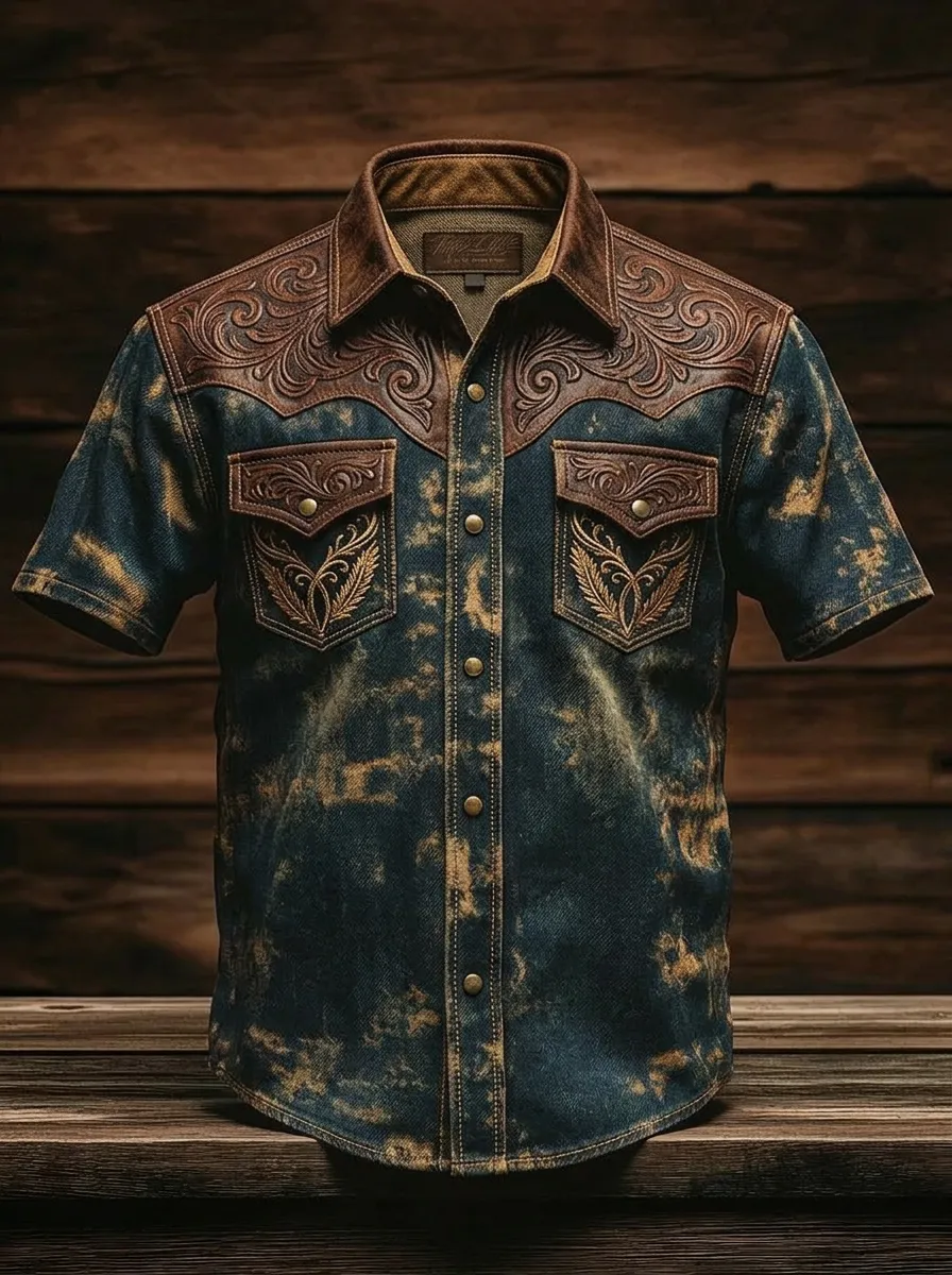 Men's Western Cowboy Tooled Leather Pattern Acid Wash Printed Shirt