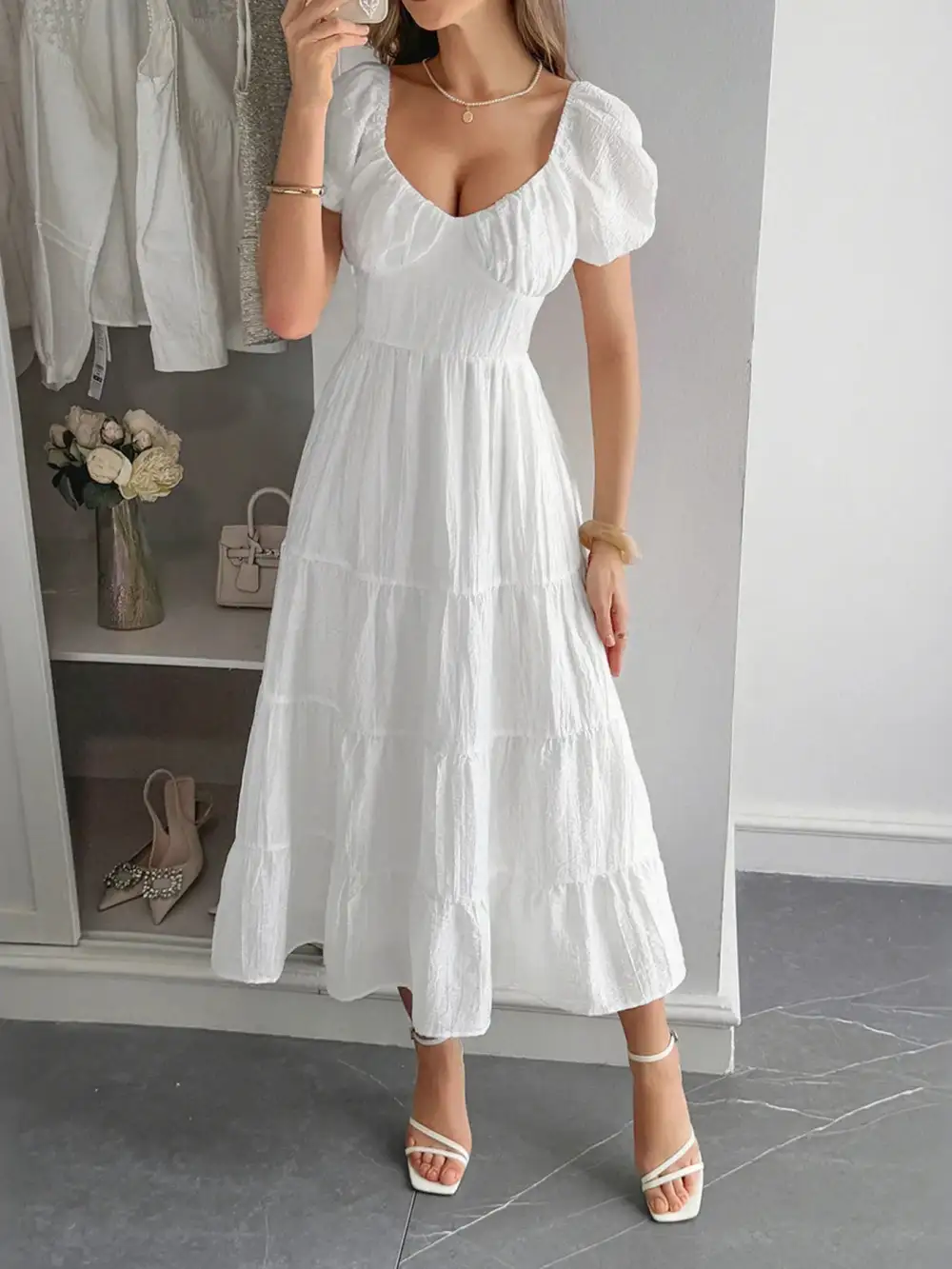 V Neck Short Sleeve Midi Dress