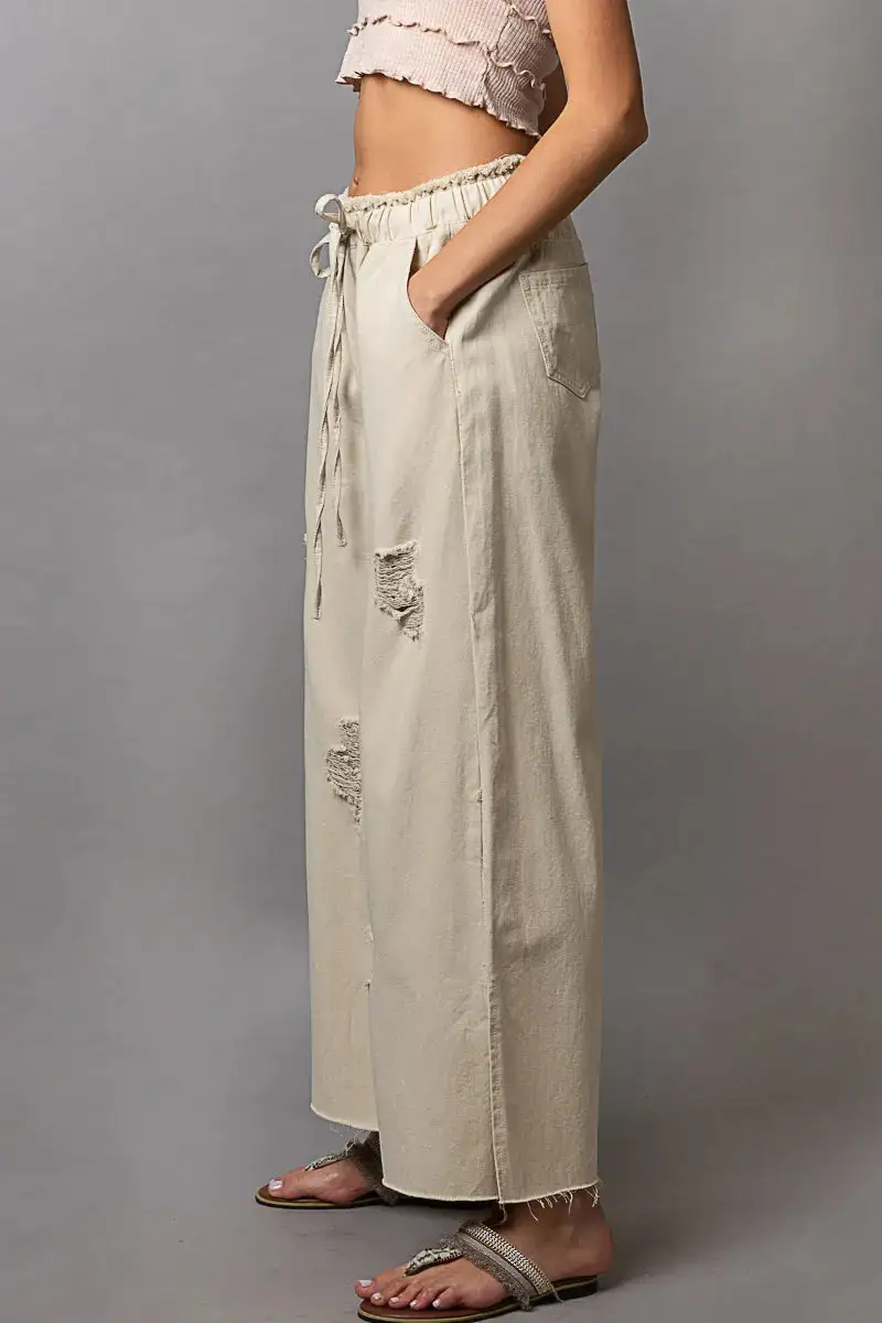 Distressed Drawstring Slit Wide Leg Pants