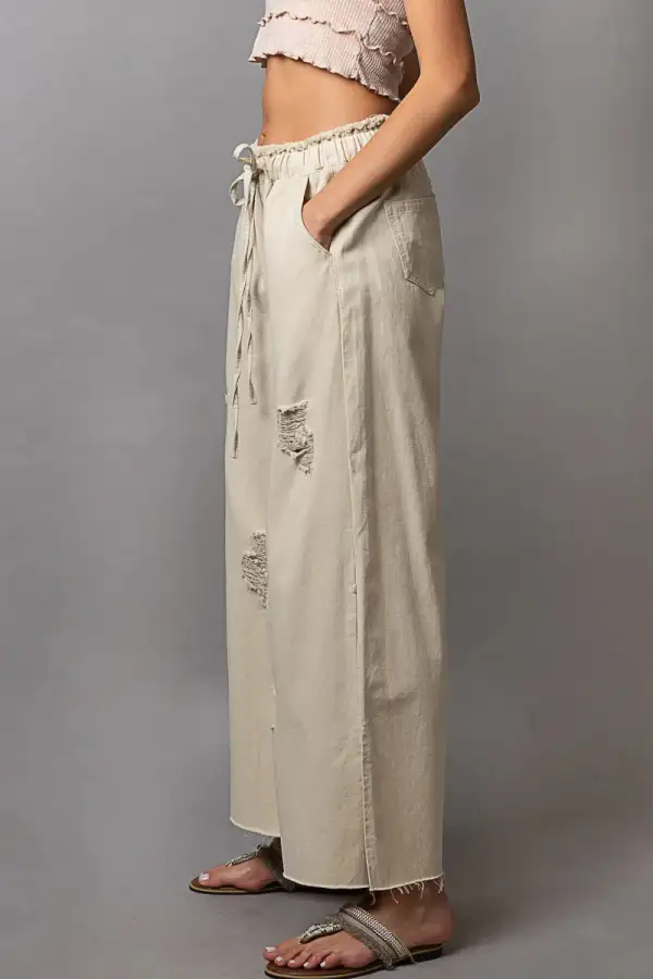 Distressed Drawstring Slit Wide Leg Pants