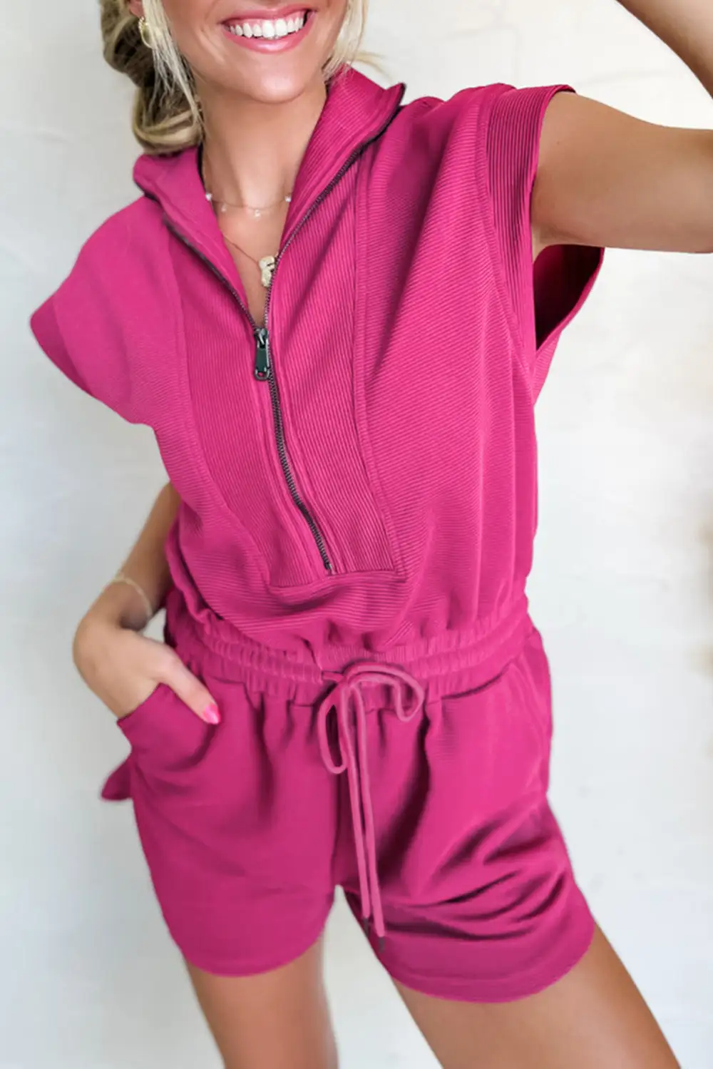 Relaxed Textured Short Sleeve Half Zip Drawstring Elastic Waistband Romper