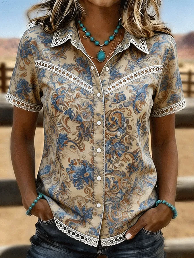 Women's Bohemian Retro Floral Print Trimmed Western Style Denim Short Sleeved Shirt