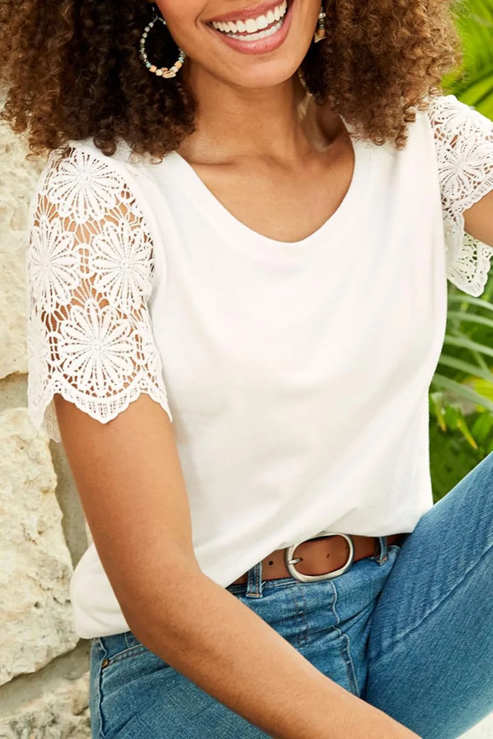 Women's Cotton Lace Hollow Sleeve Short Sleeve