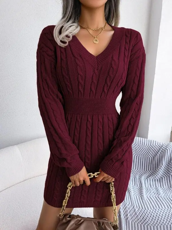 V Neck Cable Knit Sweater Dress
