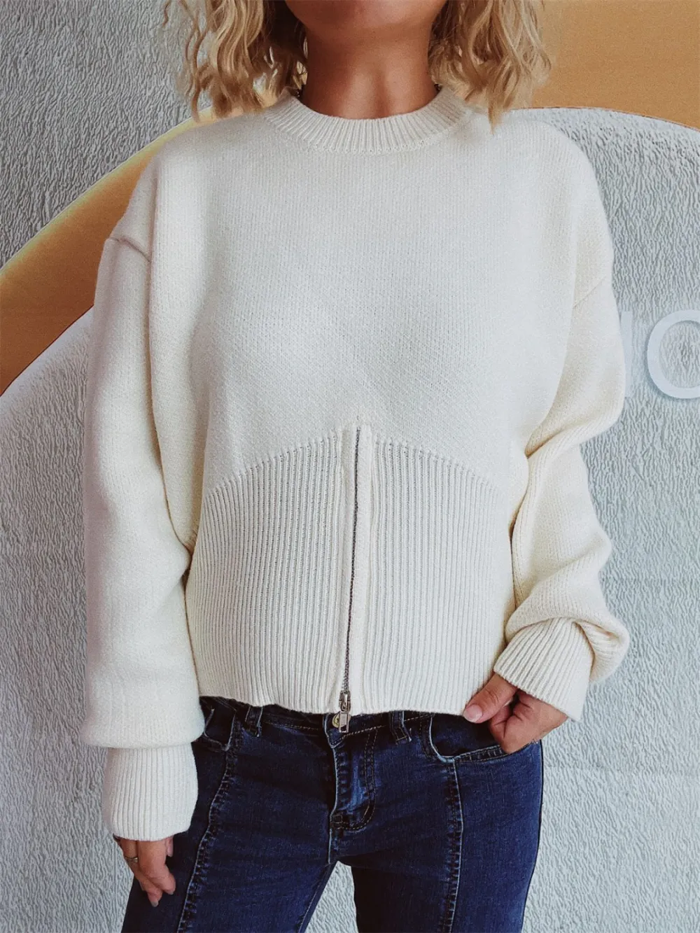 Round Neck Half Zip Long Sleeve Sweater -Ships 10/11