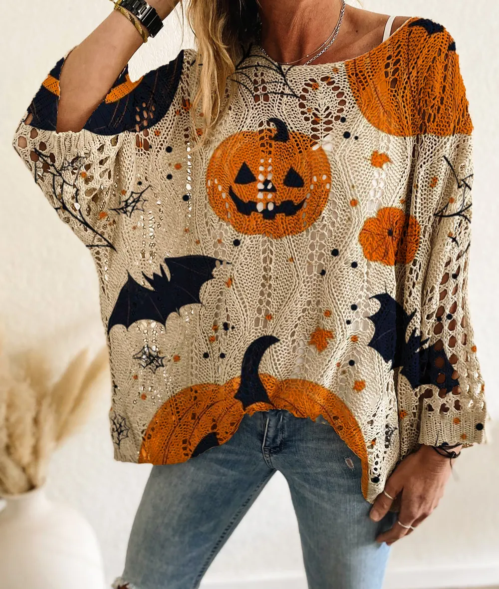 Halloween Long Sleeve with Diamond Cutout Bat Pumpkin Print