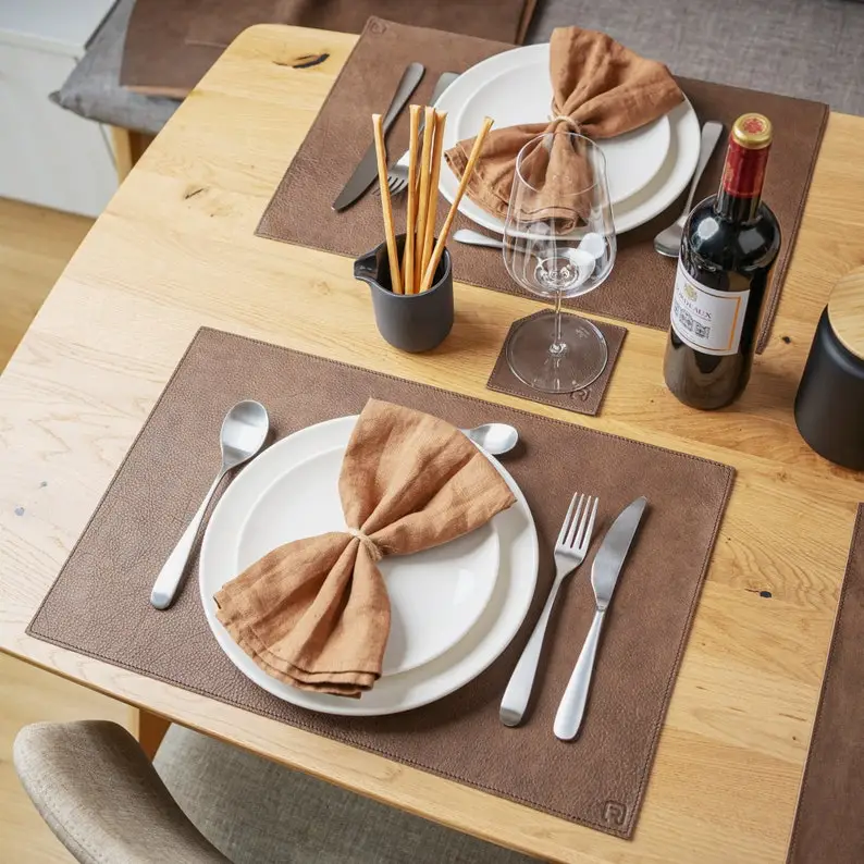 4 - 8x PREMIUM Brown Leather Placemats • Waterproof and Robust • Oil Absorbent •  For Bar and Dining •  Home Décor •  Rectangular