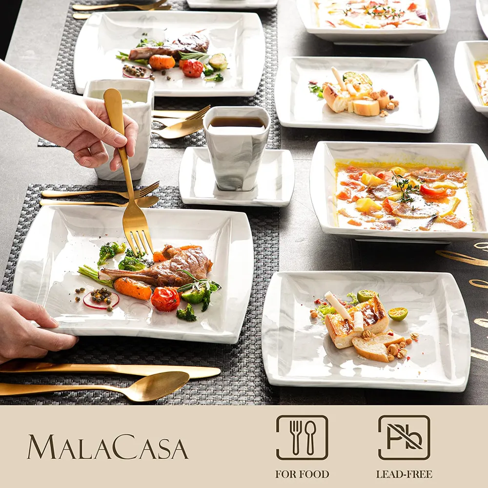 MALACASA Dish Set for 12, 60 Piece Marble Grey Square Dinnerware Sets, Porcelain Dinner Set with Plates and Bowls Sets, Cups and Saucers, Dishware Sets Kitchen Dishes Microwave Safe, Series Blance