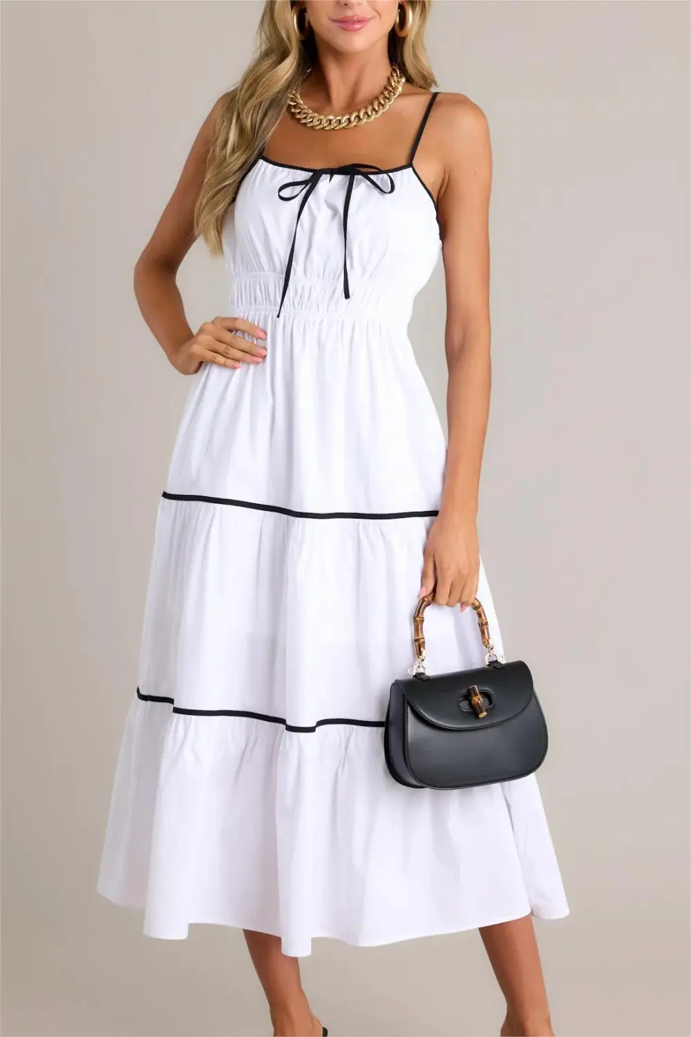 DELIGHTFUL DISCOVERIES WHITE TIERED MIDI DRESS