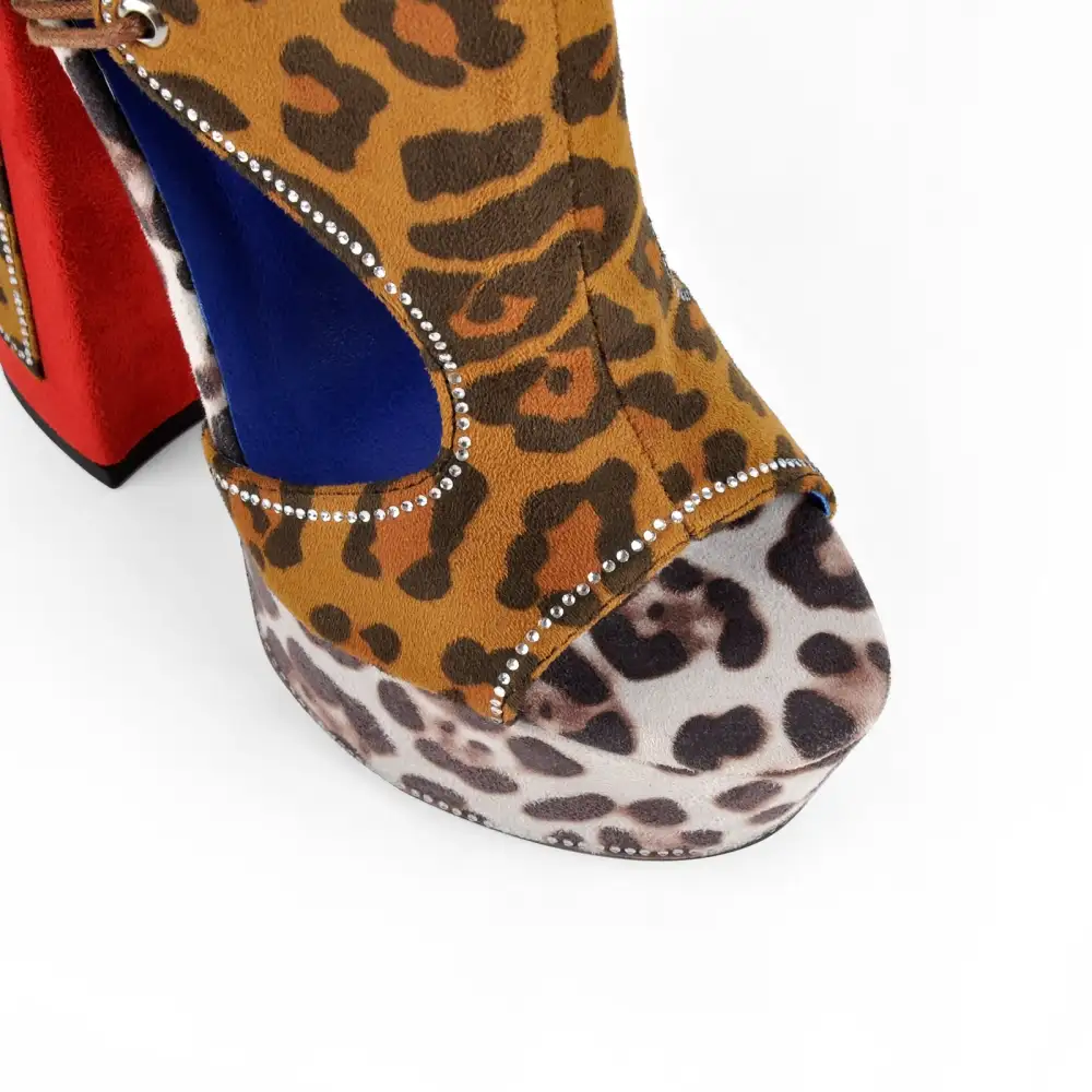 Leopard Rhinestone Tassel Lace Up Platform Sandals