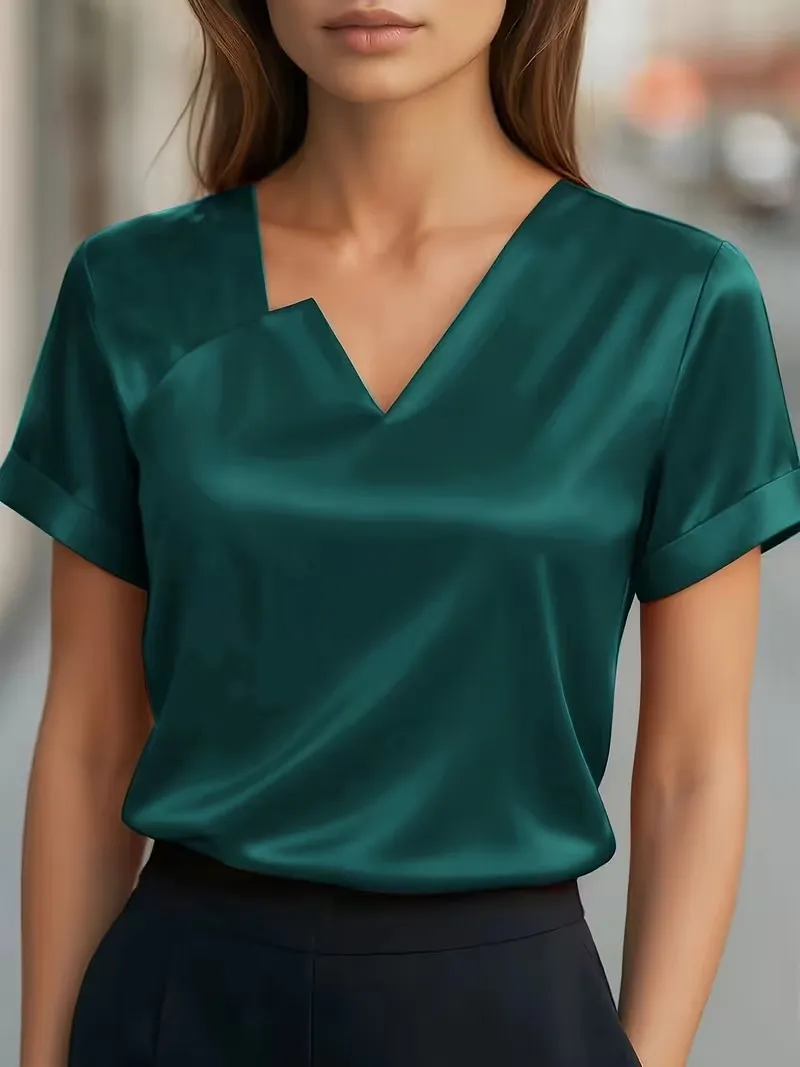 Asymmetric Satin V-Neck Shirt