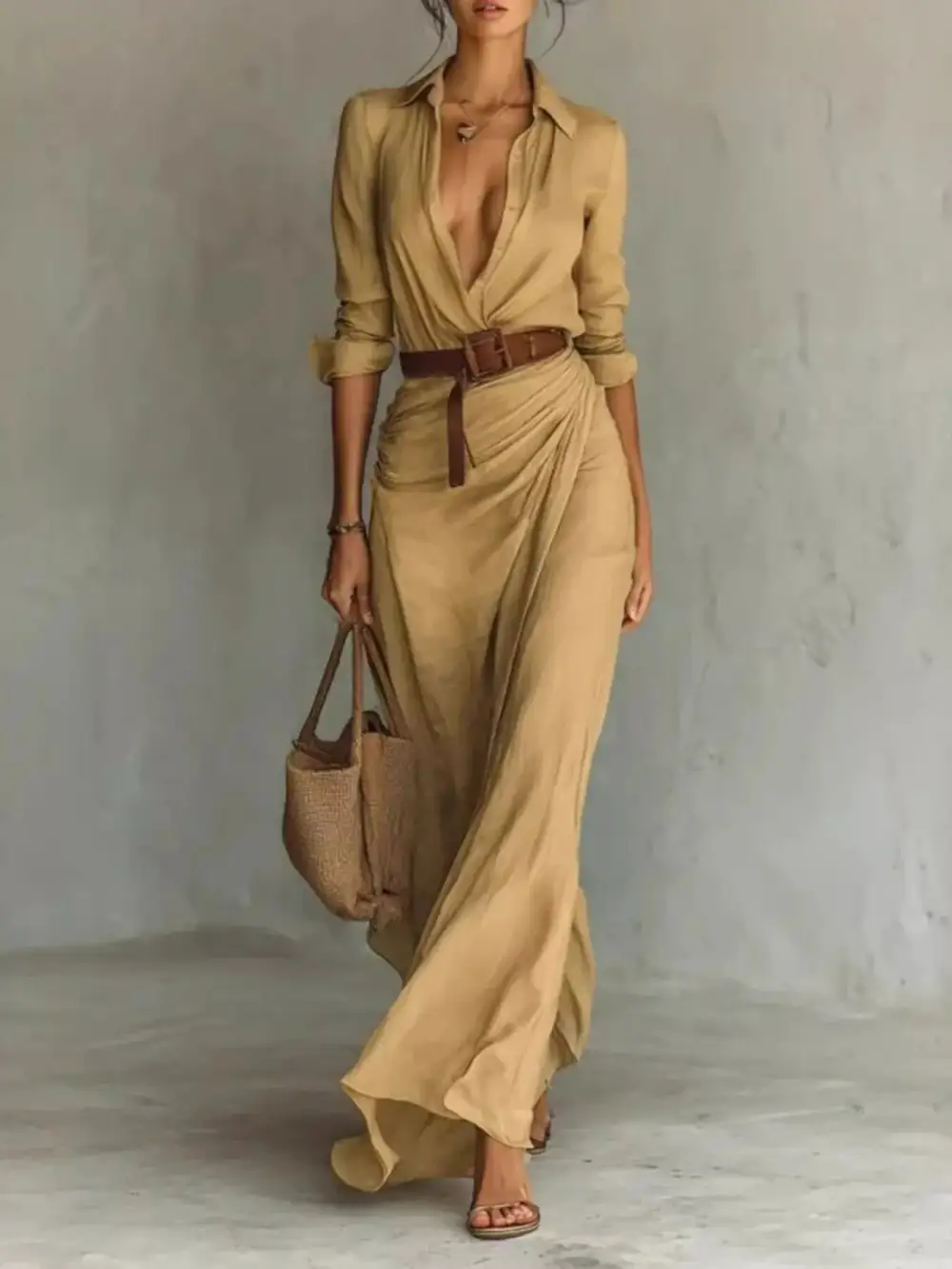 Gathered Detail Ruched Long Sleeve Maxi Dress