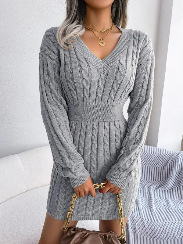 V Neck Cable Knit Sweater Dress