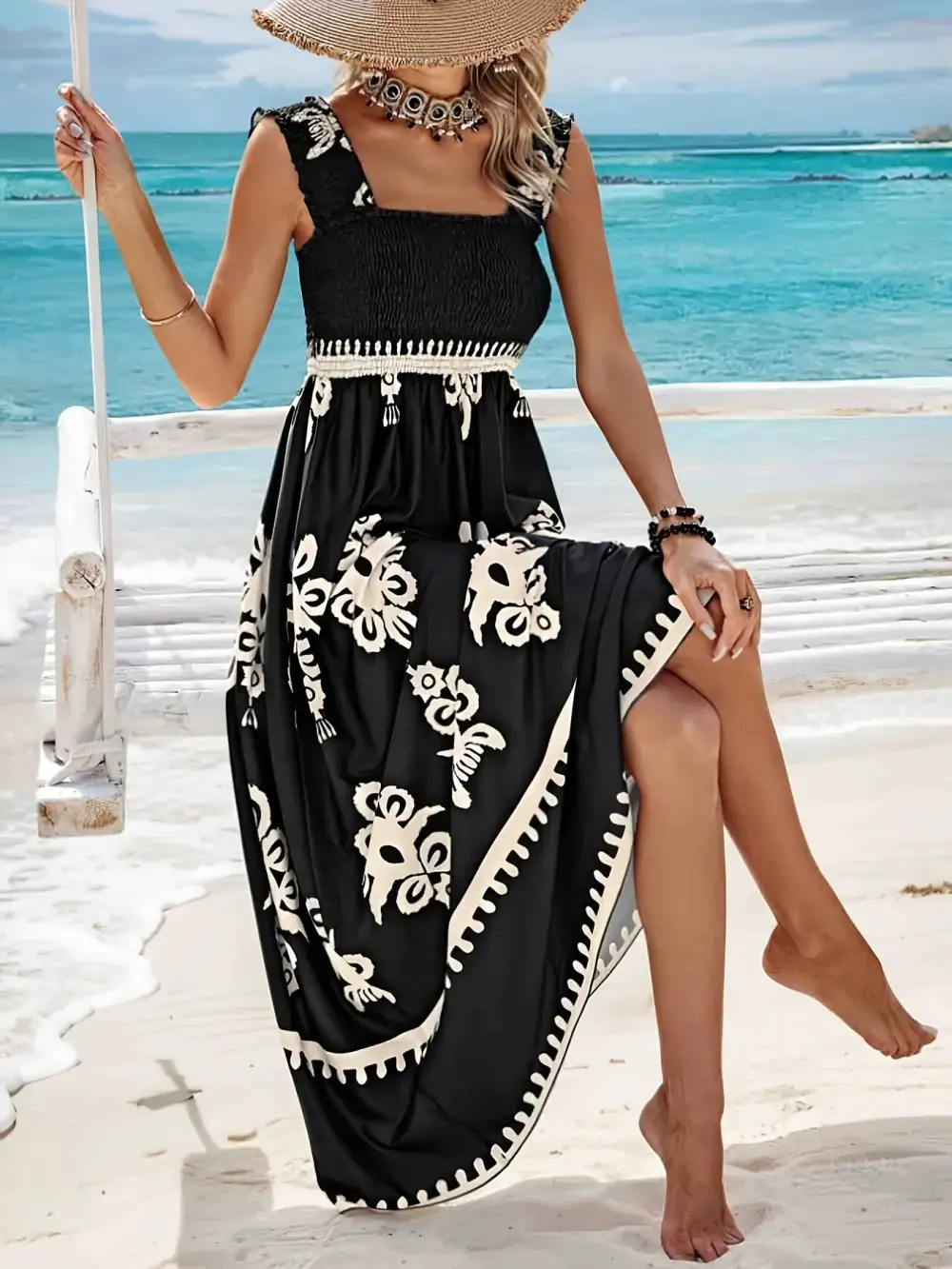 Tribal Print Dress: Spring Style (Square Neck, Shirred, Sleeveless)