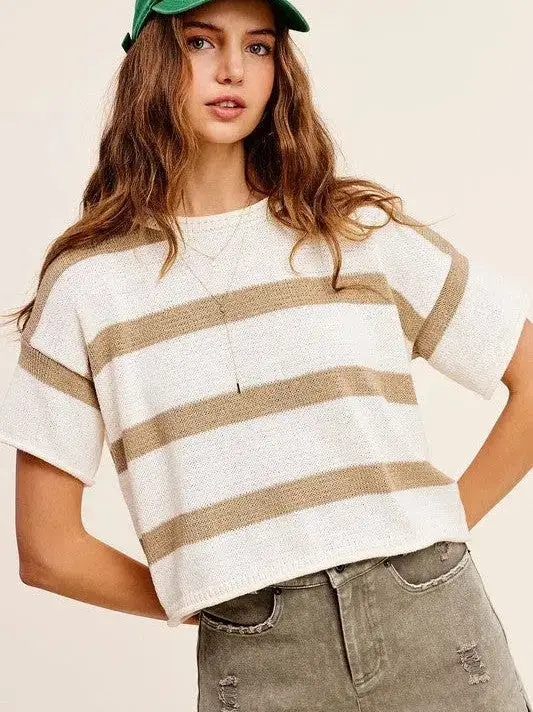 Todays Mood Expresso and Ambition Stripe Short Sleeve Sweater Top