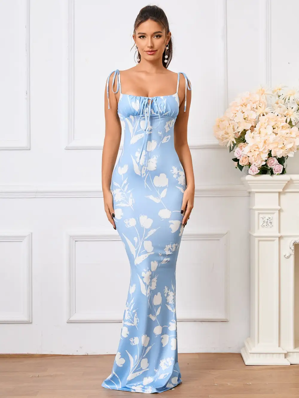 Tie Shoulder Fishtail Hem Floral Print Prom Dress