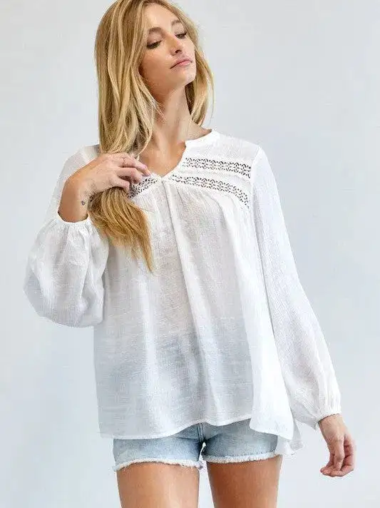 Joy in the Little Things V-cut Long Sleeve Casual White Blouse