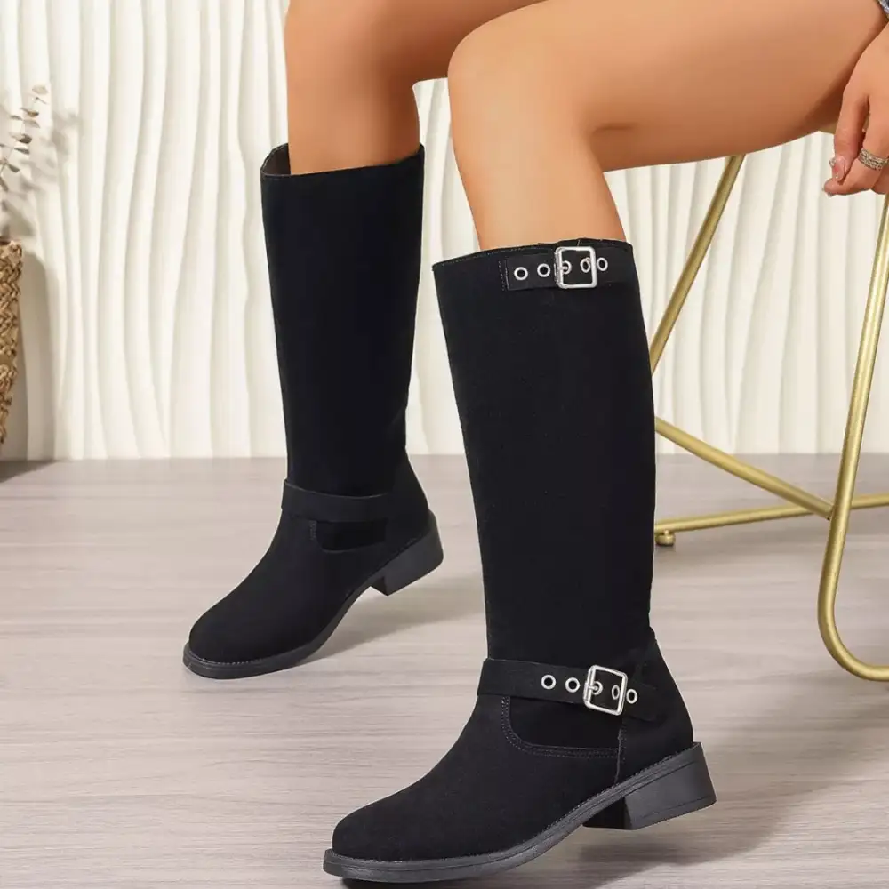 Textured Round Toe Block Heel Boots
