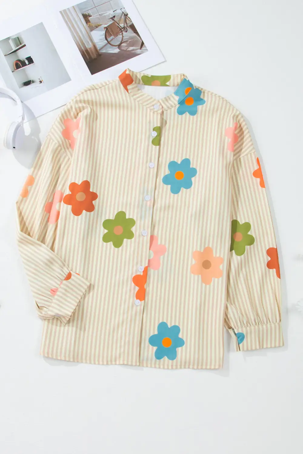 Apricot Stripe Flower Print Collared Button-Up Loose Fit Shirt