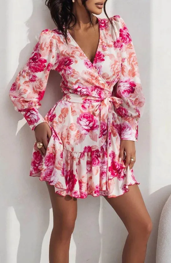 Short Wrap Dress With Sweetheart Neckline, Waist Tie And Ruffle Hem
