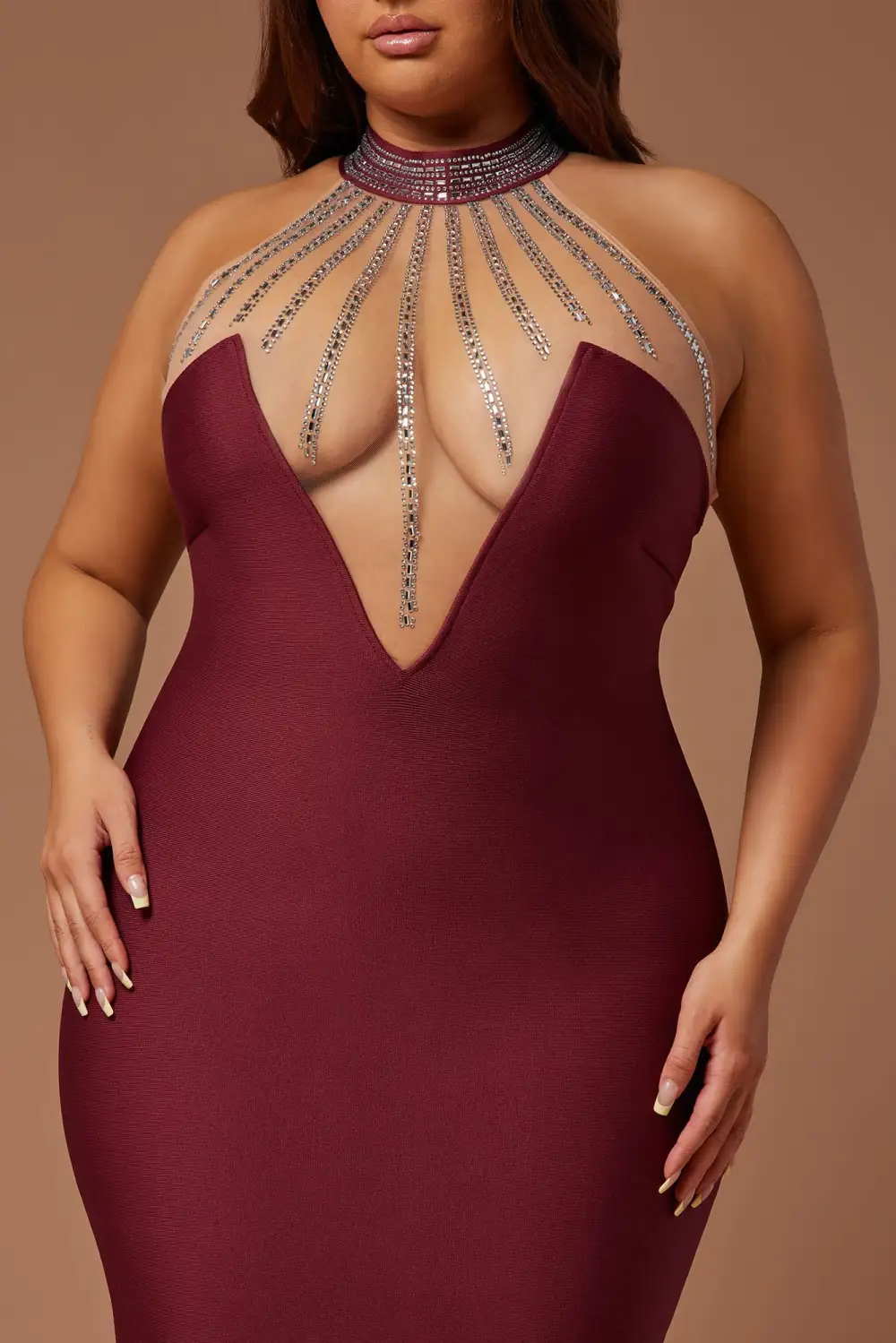 Lina Embellished Bandage Midi Dress - Burgundy