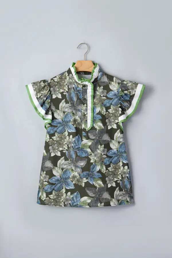 Green Ruffled Short Sleeve Floral Summer Blouse