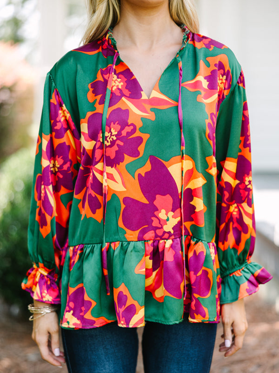 Women's Casual Green Floral Shirt