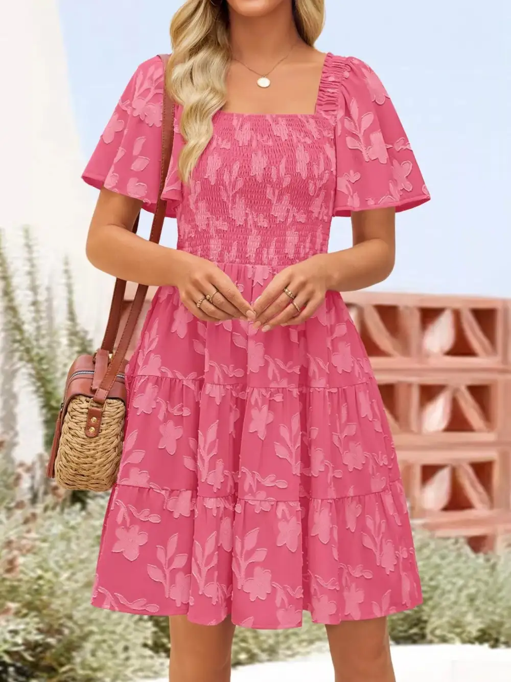 Square Neck Tiered Smocked Mini Dress