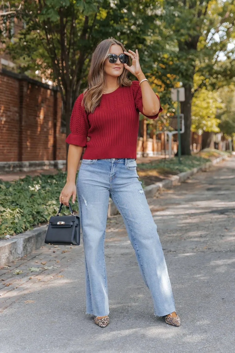 Scarlet Red Puff Sleeve Textured Sweater