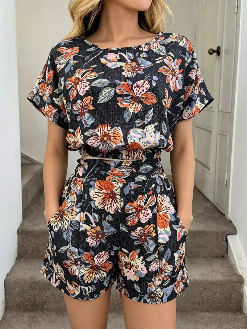 Floral Print Crop Top and Shorts Set
