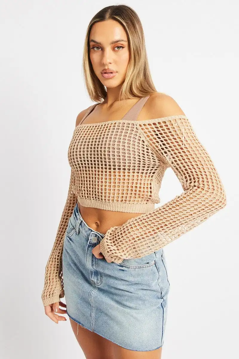 Beige Crochet Knit Top Long Sleeve Square Neck