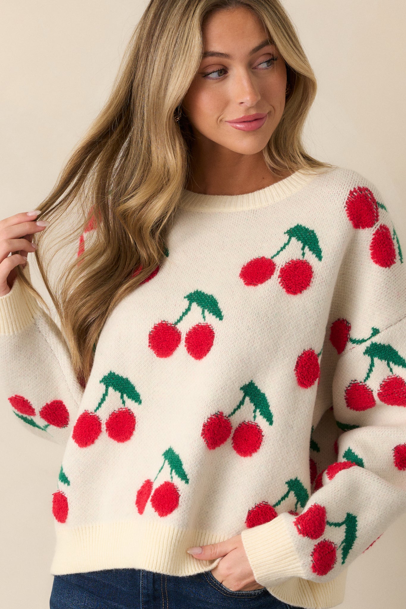 Sweet As Can Be Ivory Cherry Print Sweater