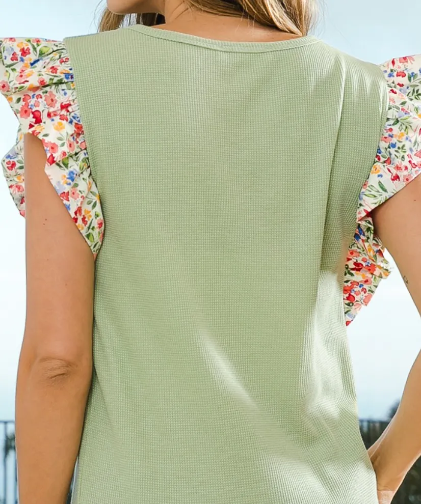 Sage Floral Ruffle Top