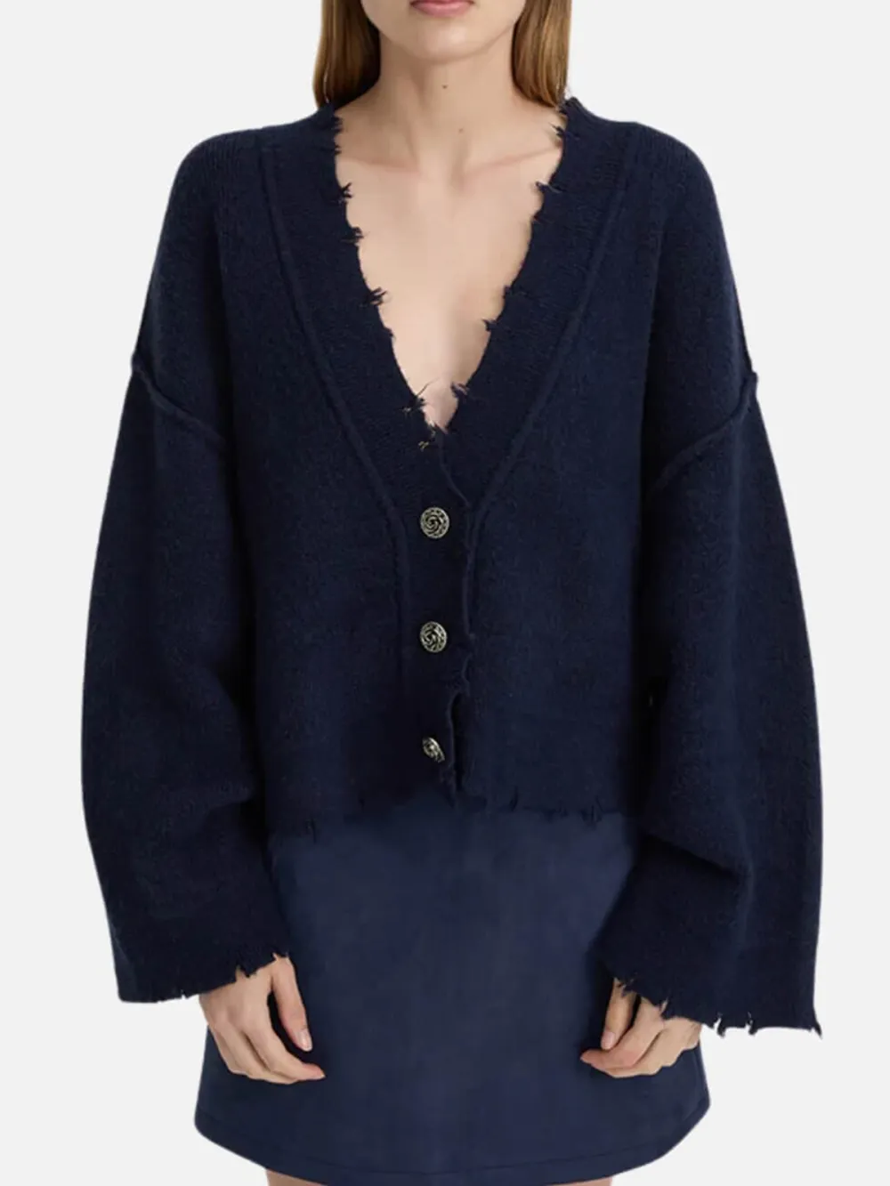 Drop Shoulder Long Sleeve Cardigan-Navy