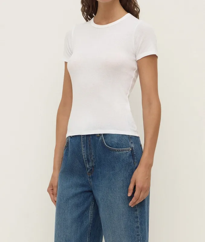 White Ribbed Fitted Tee