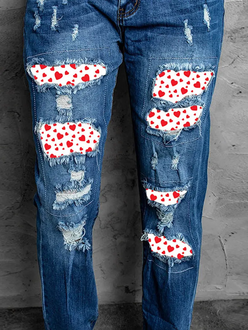 Women's Retro Distressed Heart Print Jeans