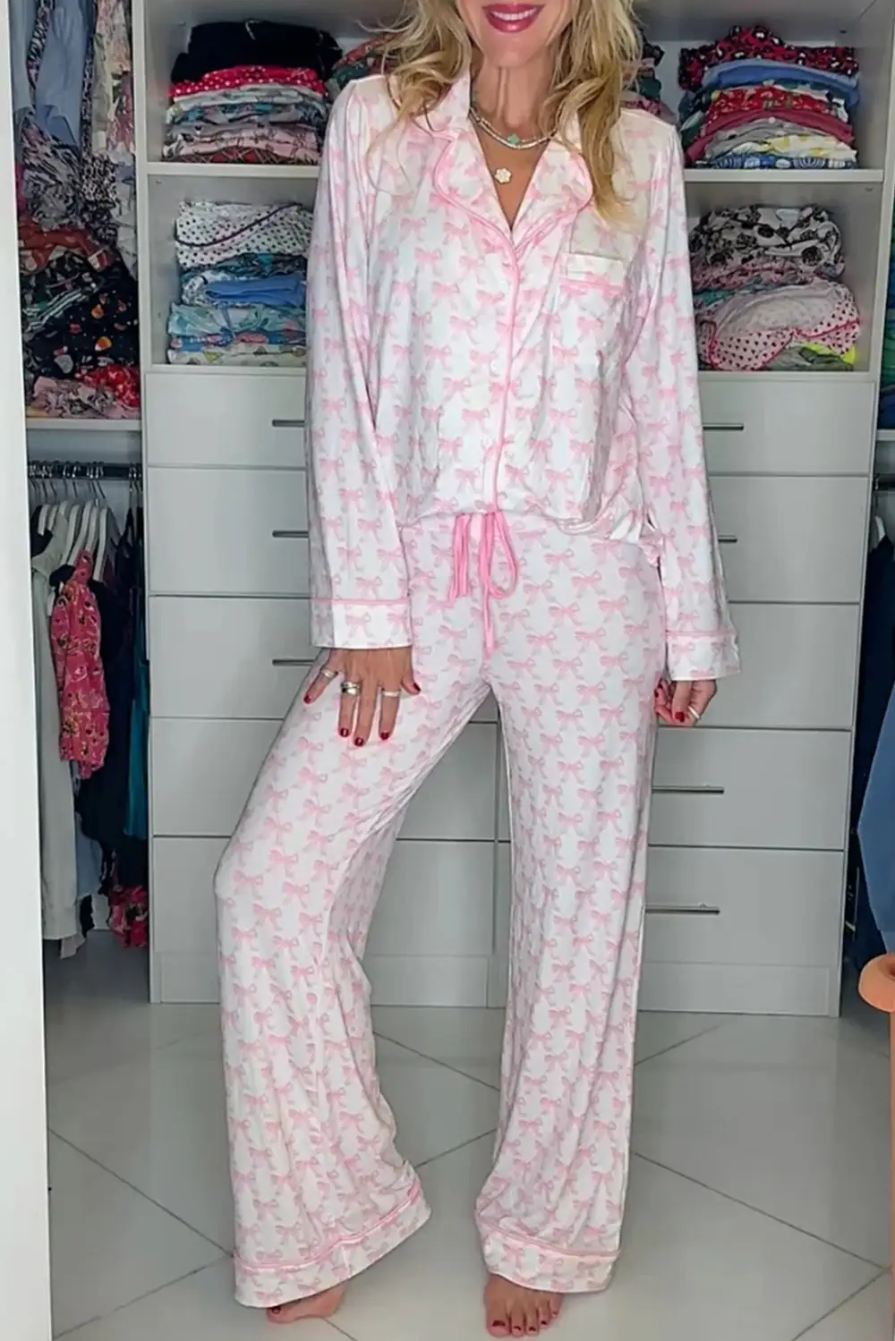 Soft Bow Print Long Pajama Set