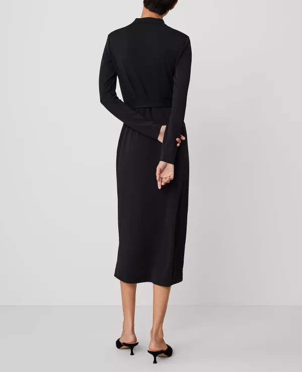 Mock Neck Belted Column Knit Midi Dress