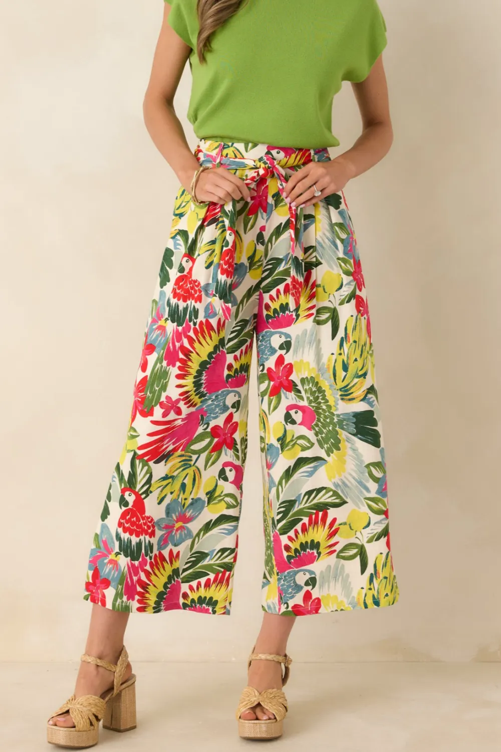 Multicolor Parrot Print Belted Crop Pants