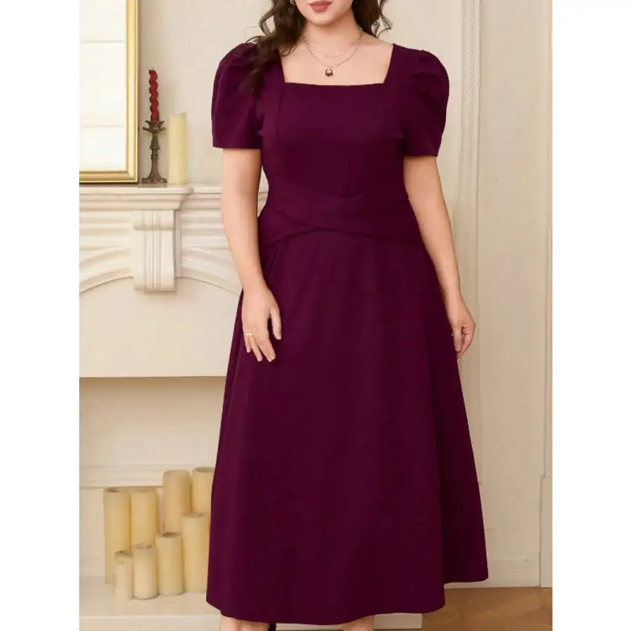 Plus Size Square Neck Puff Sleeve Midi Dress