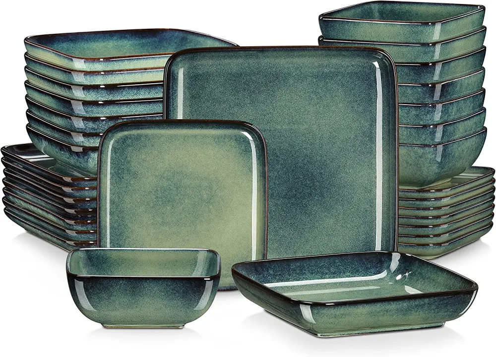 vancasso Stern Green-Blue Dinner Set- Square Reactive Glaze Tableware- 32 Pieces Kitchen Dinnerware Stoneware Crockery Set with Dinner Plate, Dessert Plate, Bowl and Soup Plate Service for 8