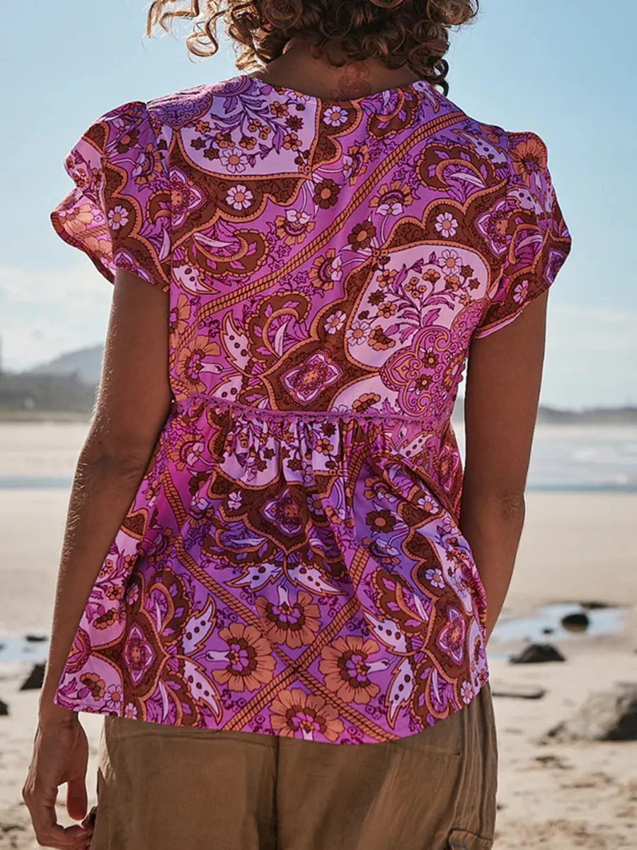 Short sleeved Bohemian floral shirt top