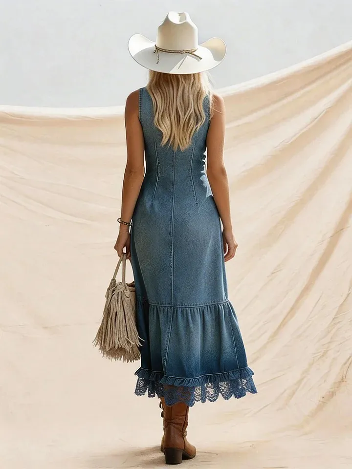 Western Retro Lace-Trimmed Blue Washed Denim Sleeveless Button-Down Maxi Dress