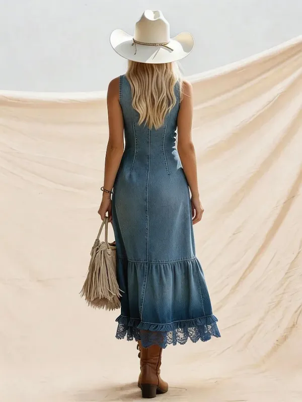 Western Retro Lace-Trimmed Blue Washed Denim Sleeveless Button-Down Maxi Dress