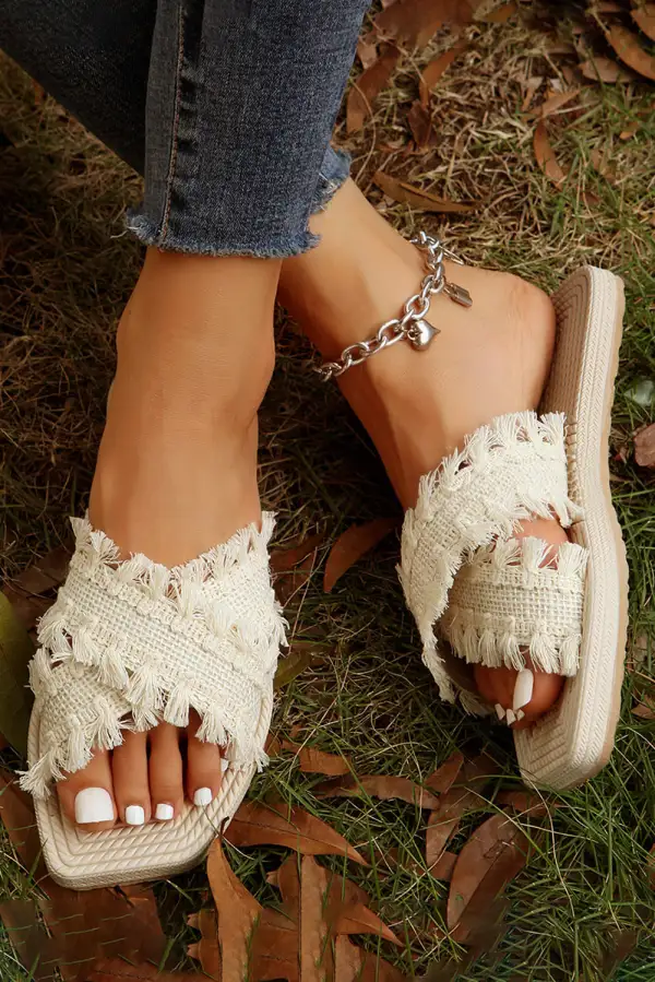 Tassel Woven Crossed Straps Flat Slippers